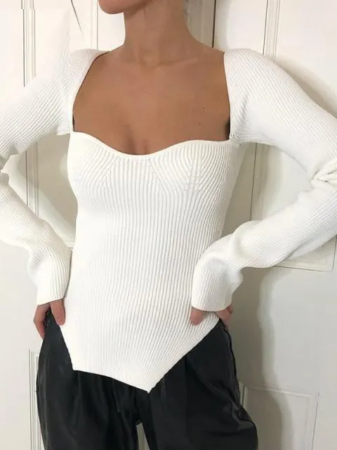 Ashoreshop Square Neck Long Sleeve Sexy Women Sweater White Long Sleeve Casual Tee