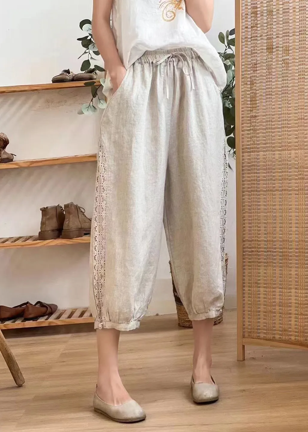 Casual Linen Color Hollow Out Pockets Elastic Waist Harem Pants Summer BV077