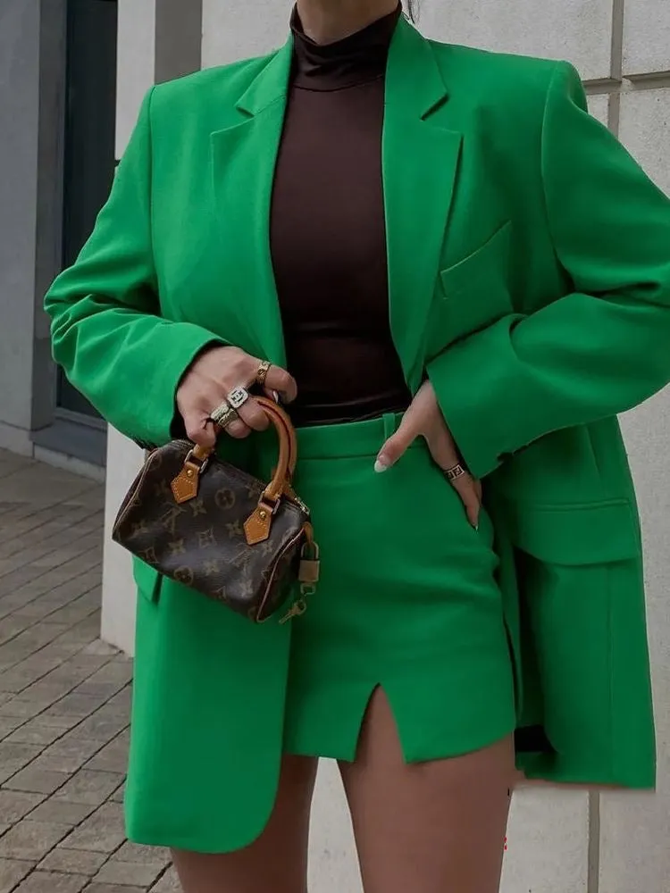 City Commenter Matching Outfits Sets 2023 Chic Green Oversized Long Women Blazer   mini Skirt 2pc Sets