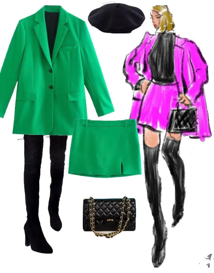 City Commenter Matching Outfits Sets 2023 Chic Green Oversized Long Women Blazer   mini Skirt 2pc Sets