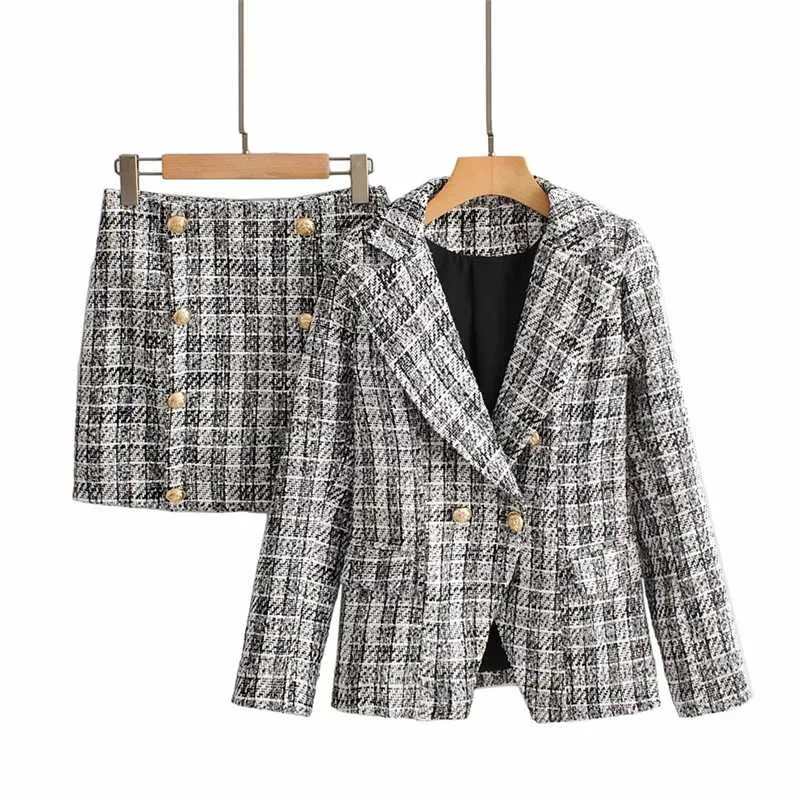 Confident Womens Tweed Blazer And Skirt Suits Plaid