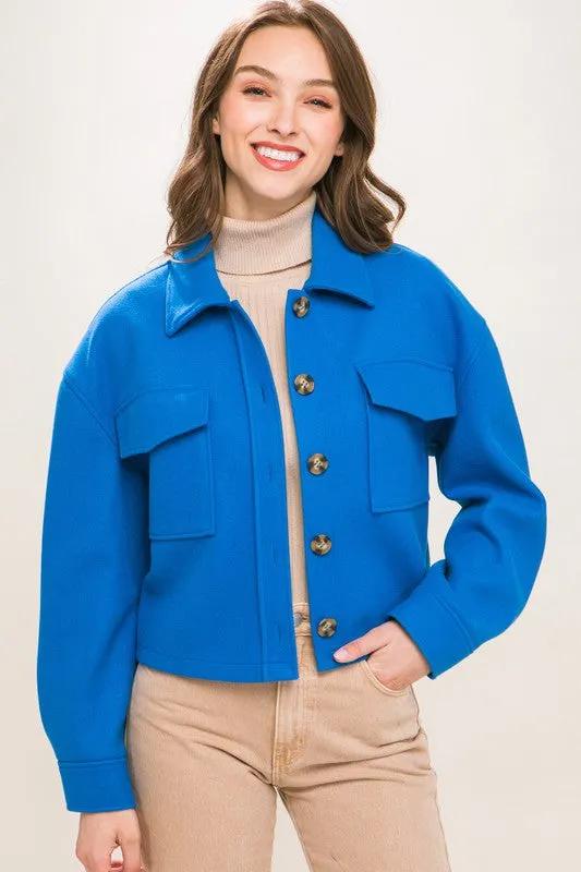 Cropped Button Down Jacket With Draped Back Detail