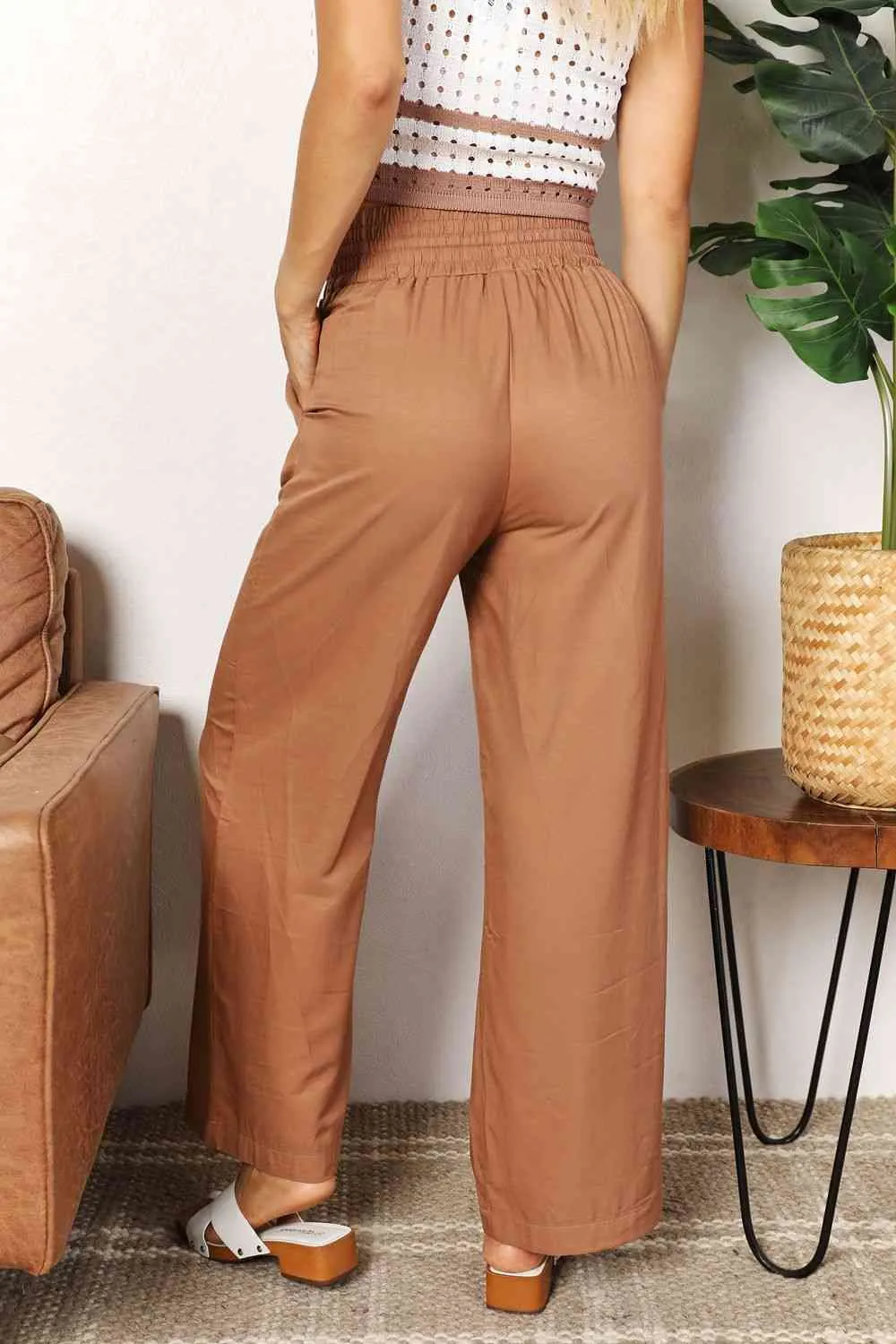 Double Take Drawstring Smocked Waist Wide Leg Pants