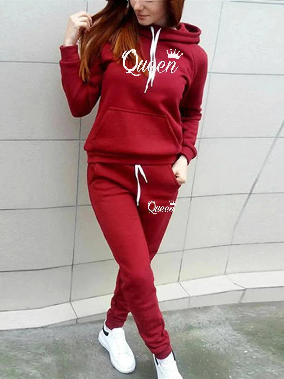 Elegant Women's Round Neck Hoodie Tracksuit Pants Set for Fall & Winter