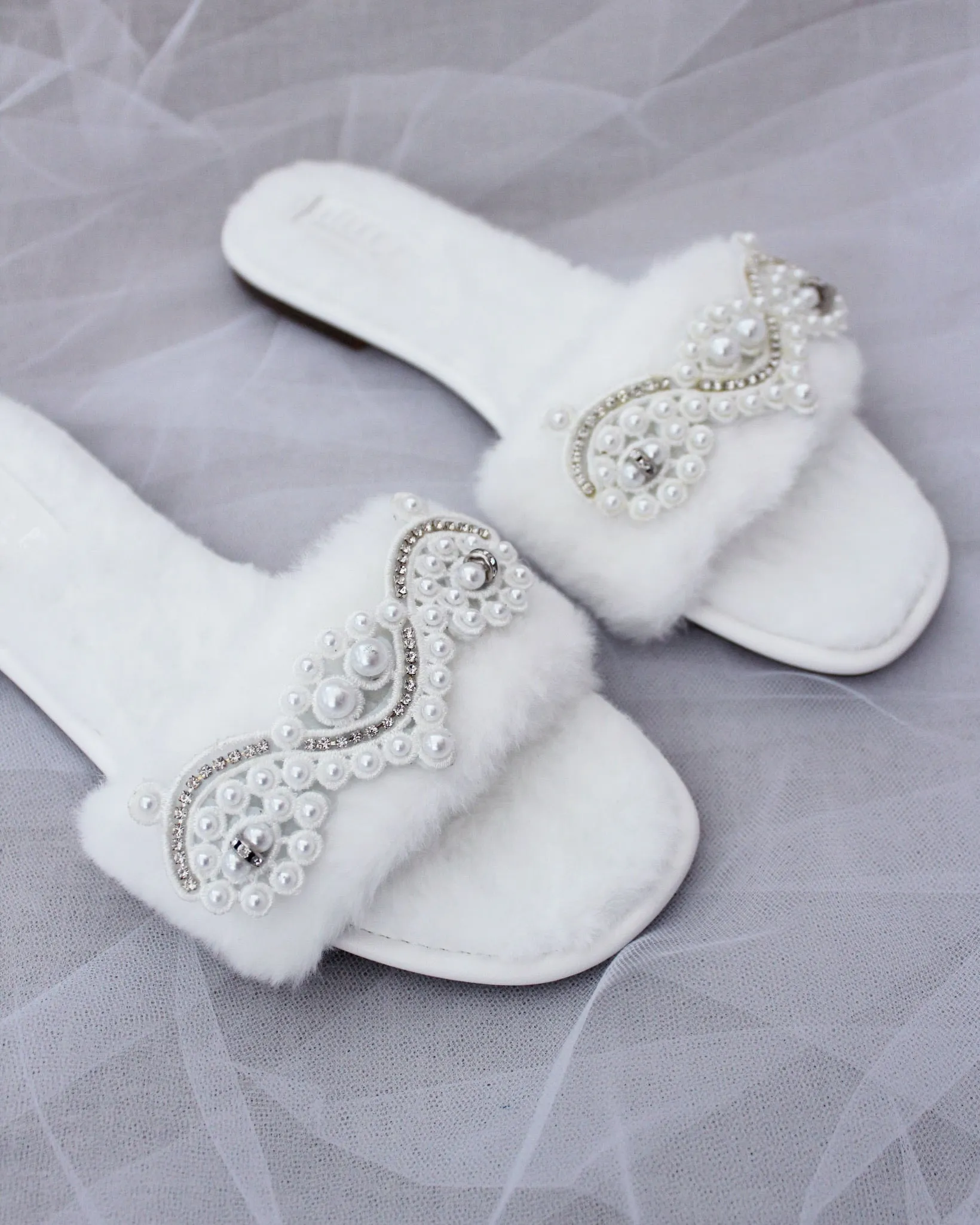 Faux Fur Slide Flat Sandals with Small Pearls Applique