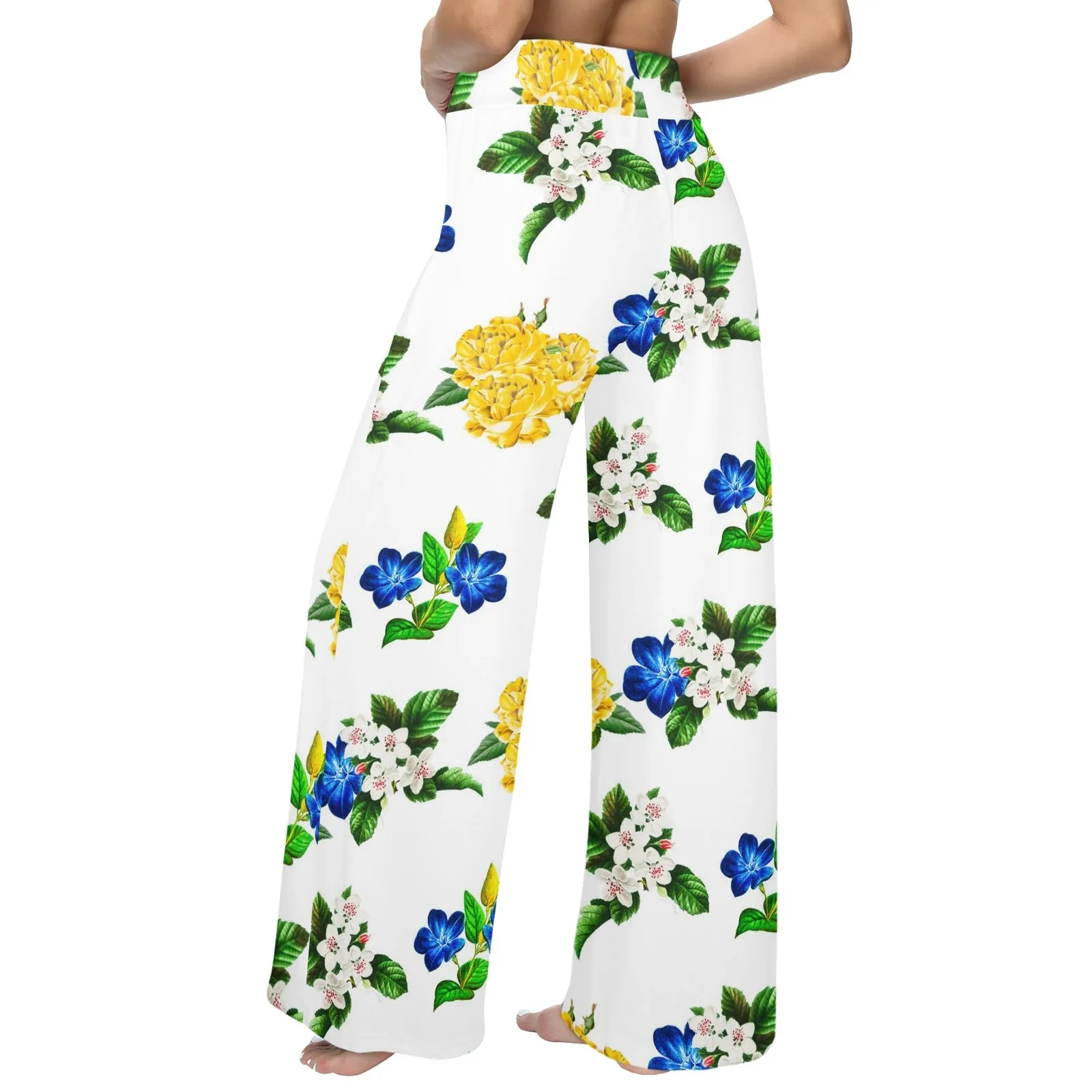 floral blue gold white print 4 Women's Wide Leg Lounge Pants (Model L77)