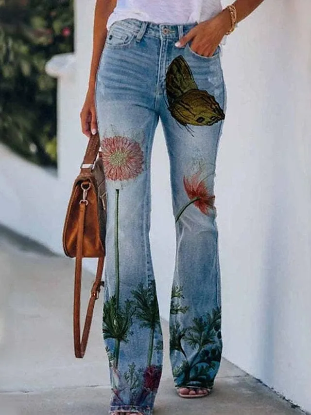 Floral Print Bootcut Flared Pants for Women - Elastic Grey XXL