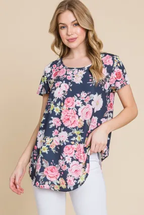 Floral Print Round Neck Short Sleeve T-Shirt