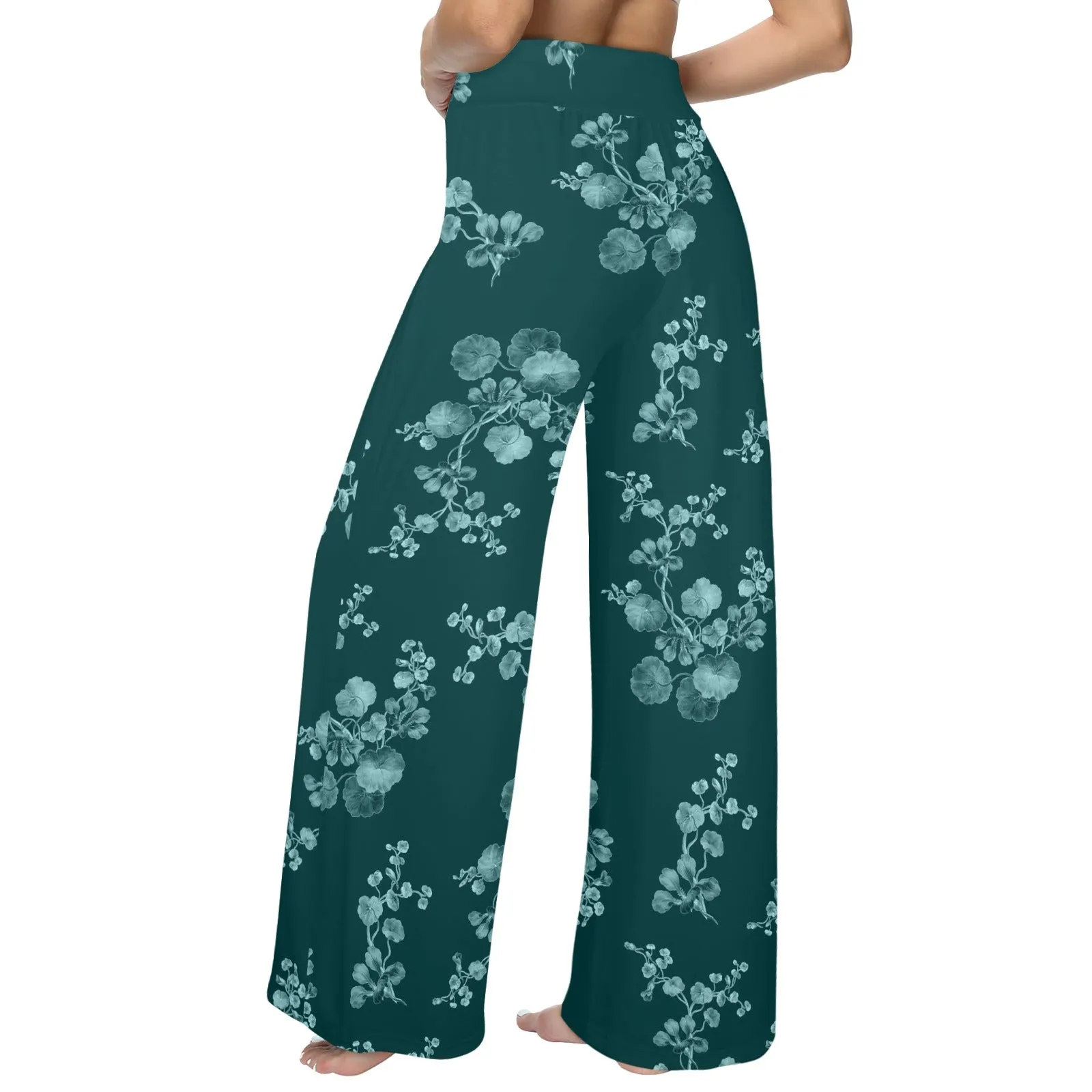 green mono floral print Women's Wide Leg Lounge Pants (Model L77)