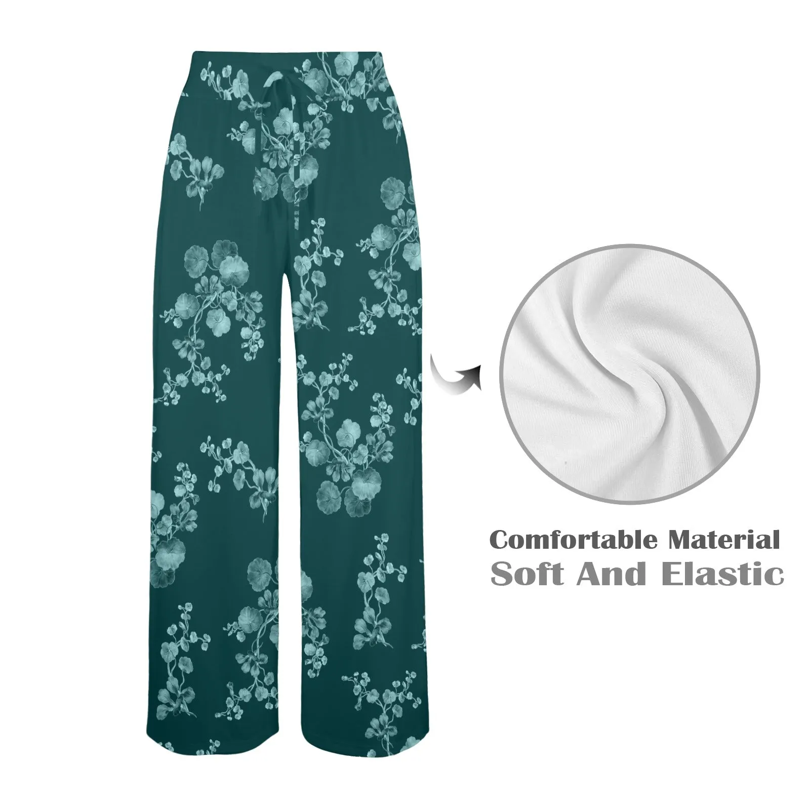 green mono floral print Women's Wide Leg Lounge Pants (Model L77)