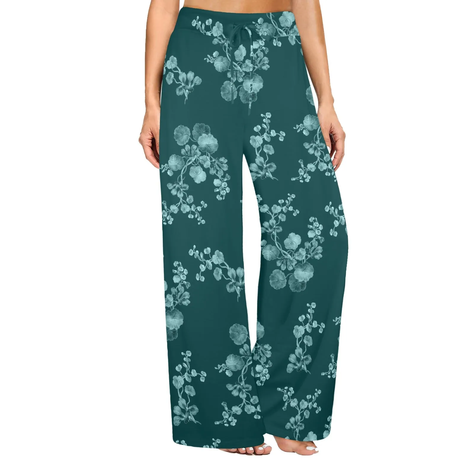 green mono floral print Women's Wide Leg Lounge Pants (Model L77)