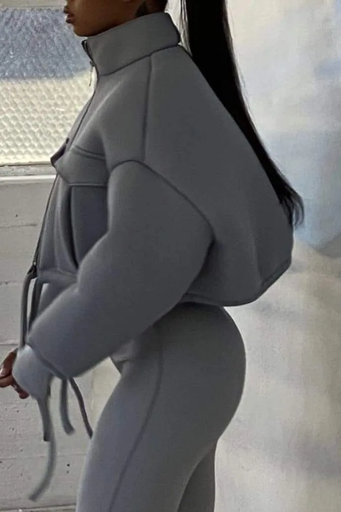 Grey cropped puffer drawstring jacket