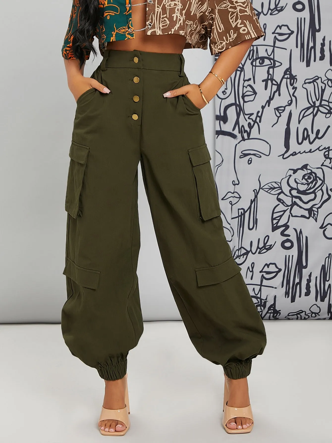 High Waist Single Breasted Utility Pocket Cargo Pants