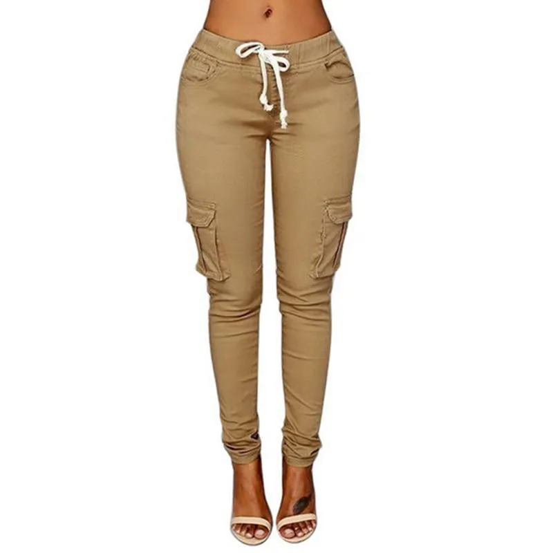 Lace Up Waist Pencil Pants Multi Pockets Straight Slim Fit