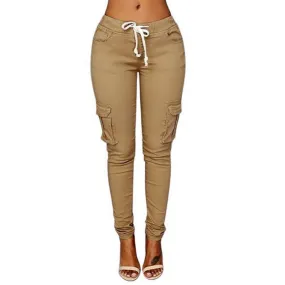 Lace Up Waist Pencil Pants Multi Pockets Straight Slim Fit