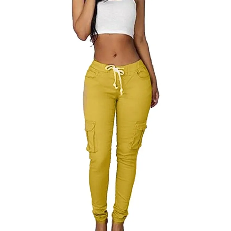 Lace Up Waist Pencil Pants Multi Pockets Straight Slim Fit