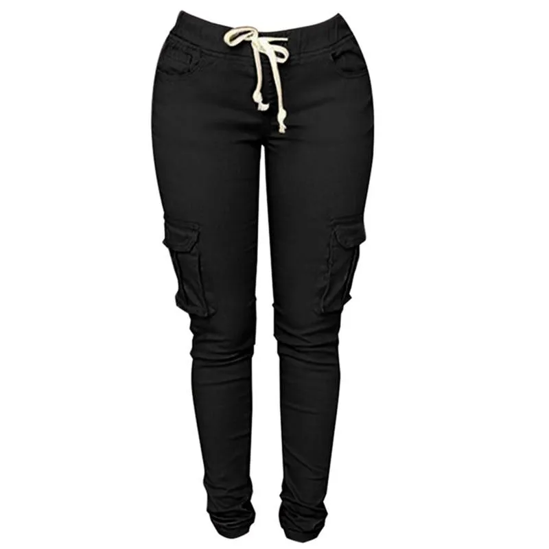 Lace Up Waist Pencil Pants Multi Pockets Straight Slim Fit