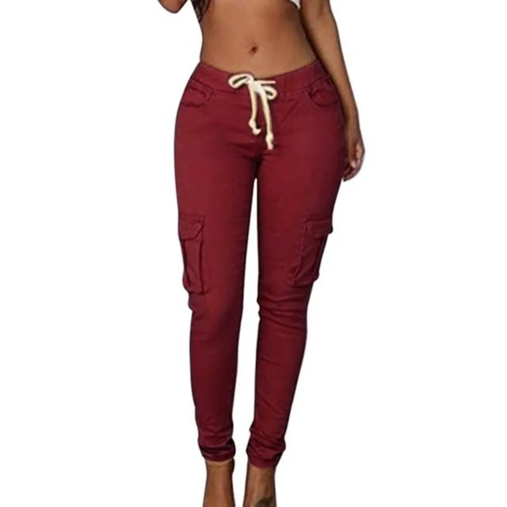 Lace Up Waist Pencil Pants Multi Pockets Straight Slim Fit