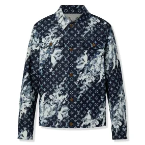 Designer Louis Vuitton Monogram Indigo Blue Denim Jacket with Printed Detailing