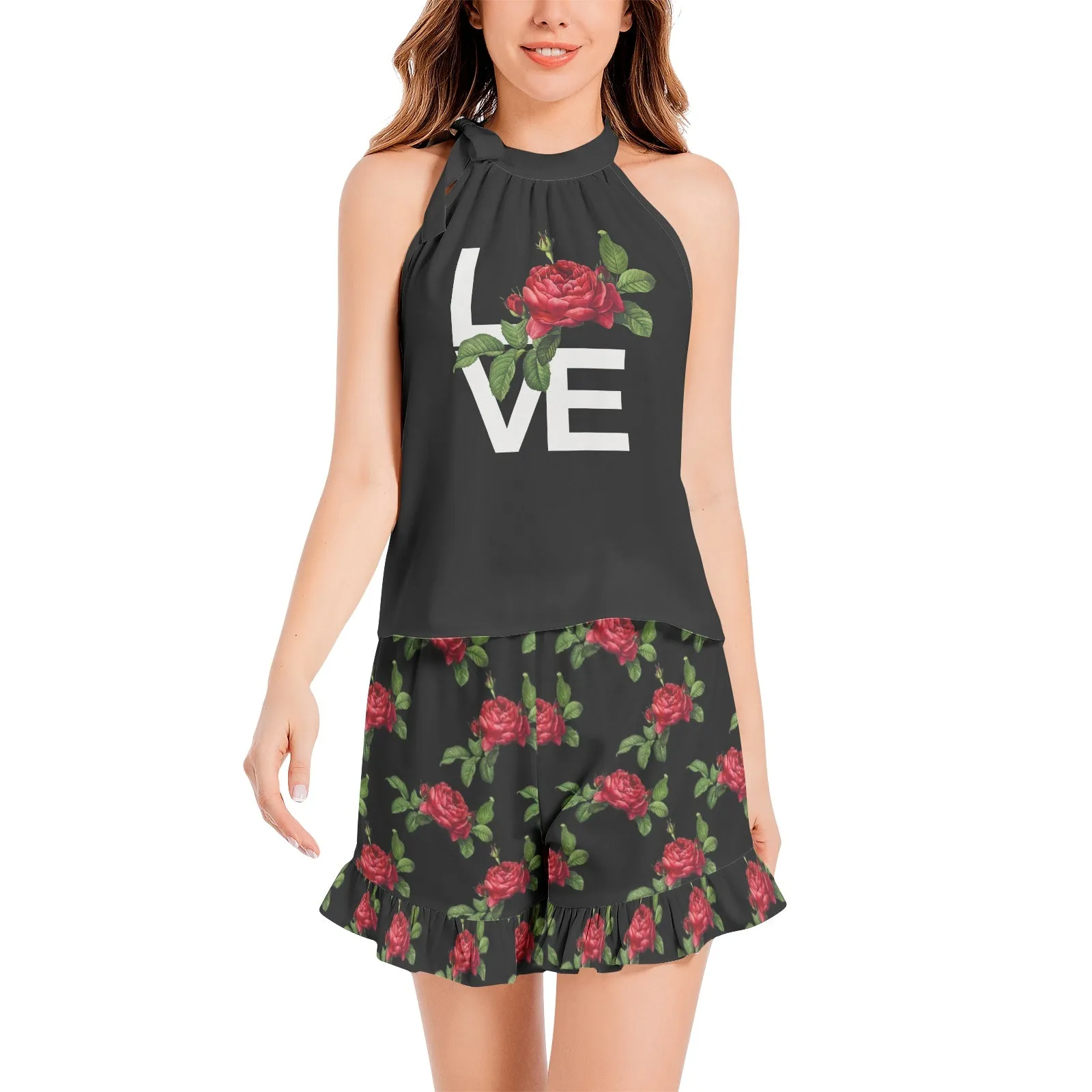 Love and Roses Tie Neck Halter Top and Ruffle Hem Short Set