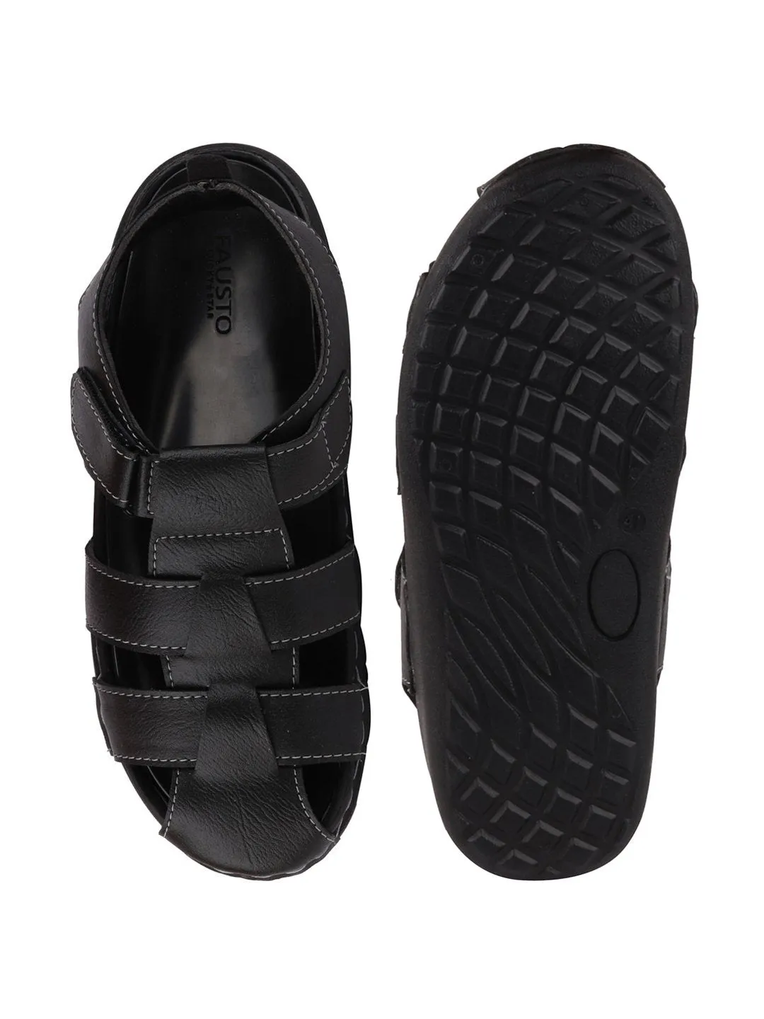 Men Black Casual Hook & Loop Fishermen Sandals