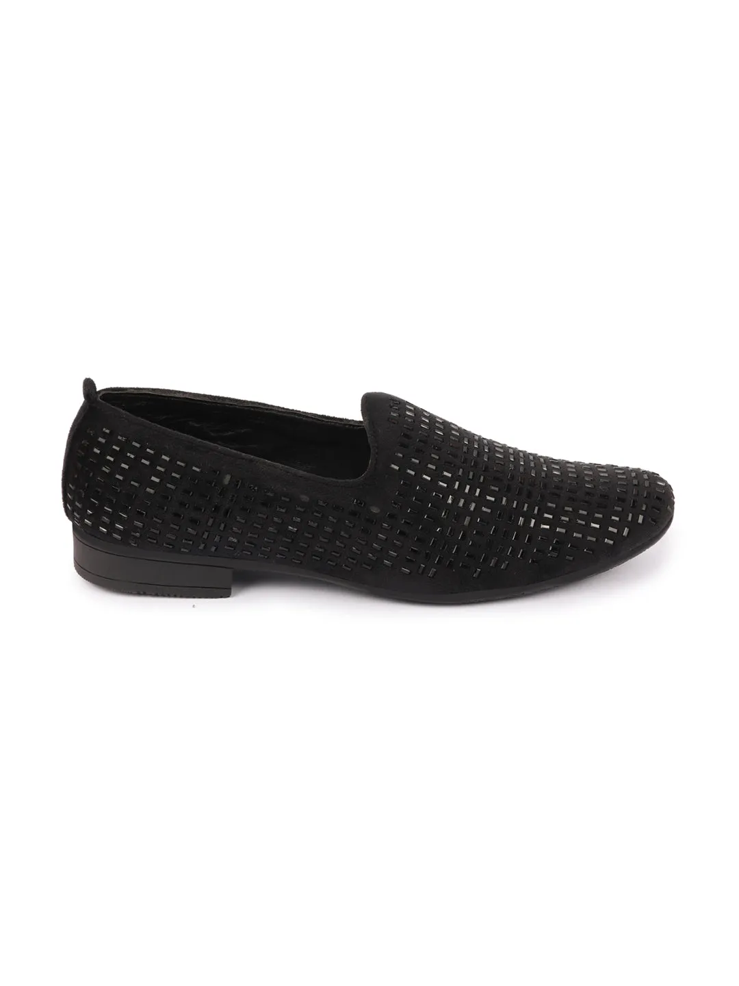 Men Black Embellished Design Velvet Slip On Party Loafers Shoes