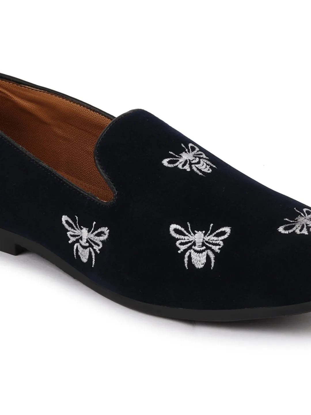 Men Blue Velvet Bee Print Embroidery Slip On Party Loafers