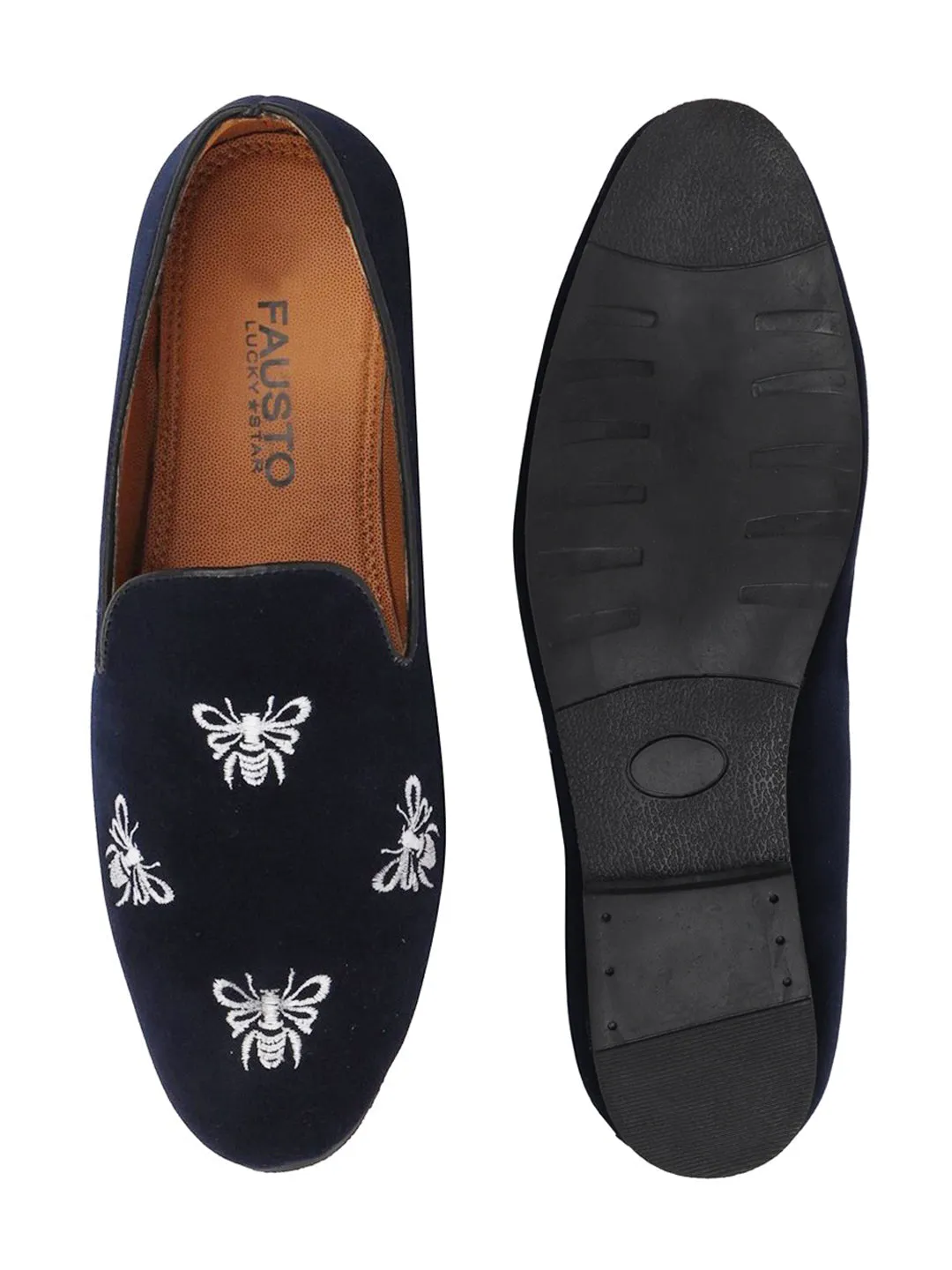 Men Blue Velvet Bee Print Embroidery Slip On Party Loafers