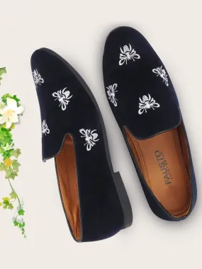 Men Blue Velvet Bee Print Embroidery Slip On Party Loafers