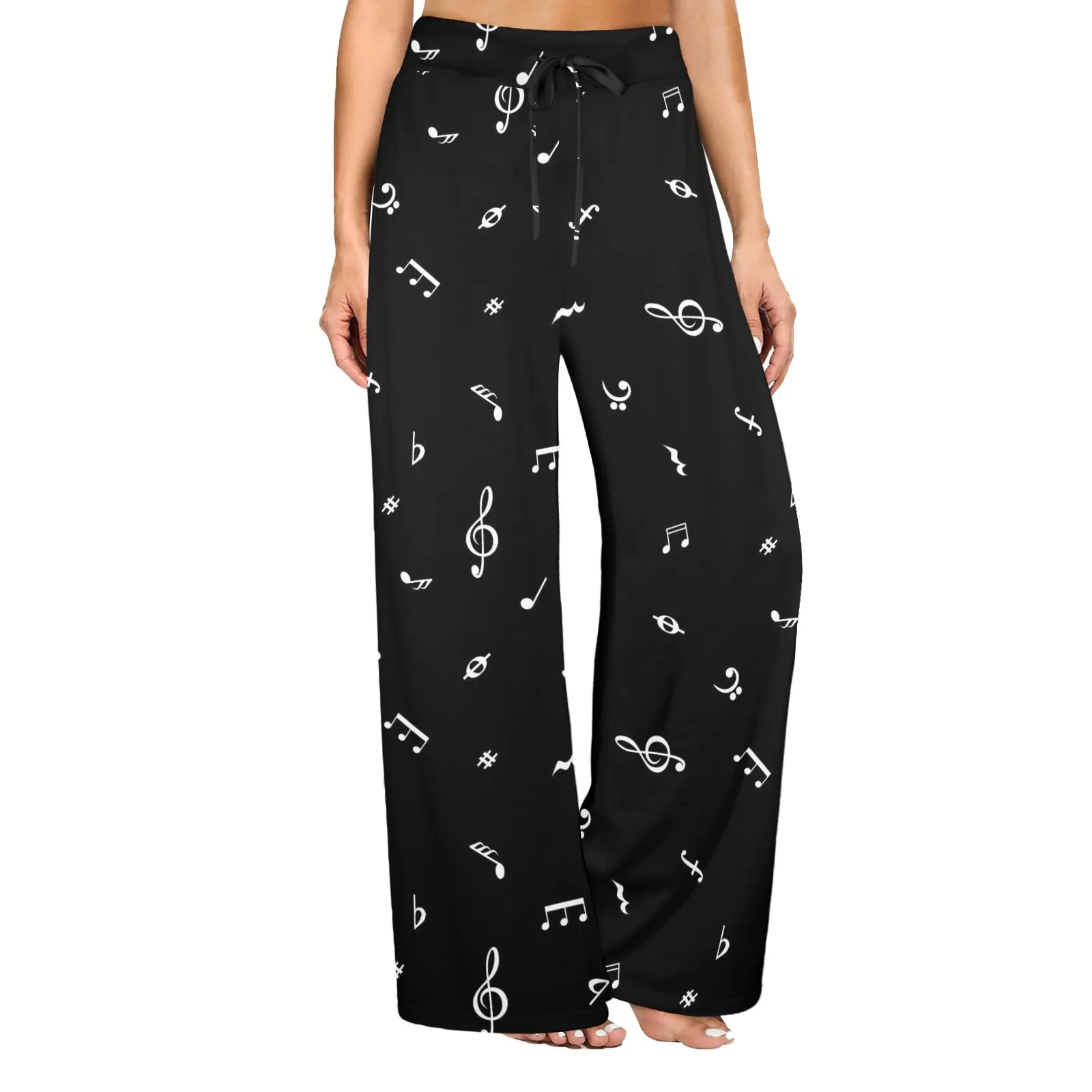 musical note blouse white on black Women's Wide Leg Lounge Pants (Model L77)