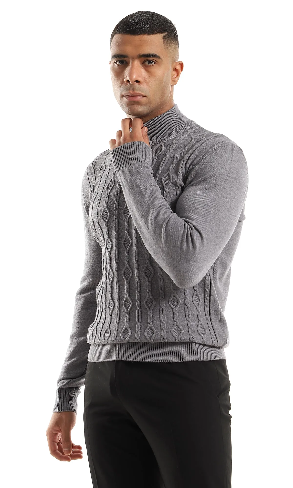 O158747 Ribbed Hemline Self Pattern Grey Acrylic Pullover