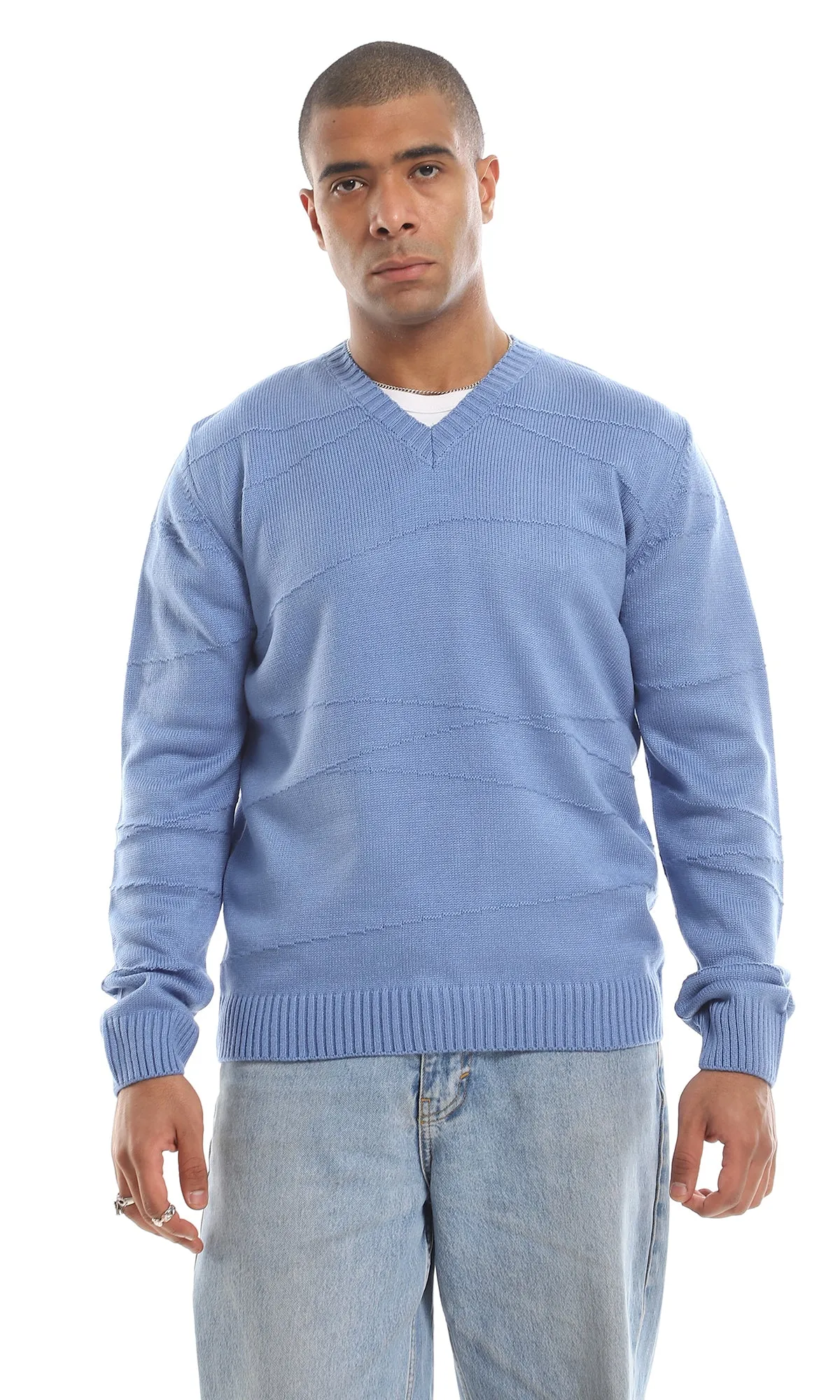 O161324 Cozy V-Neck Knitted Acrylic Pullover - Cornflower