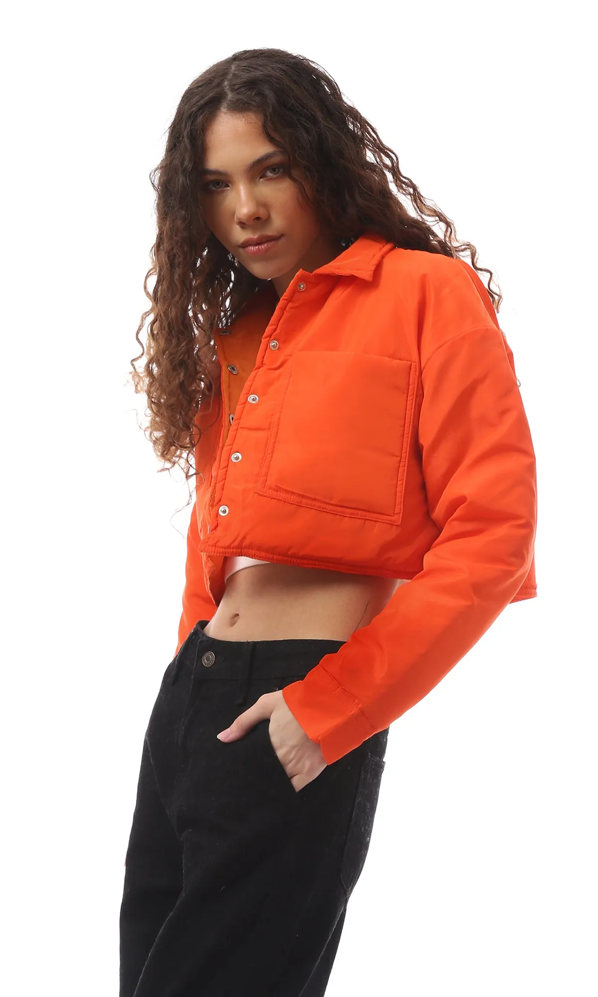 O171932 Orange Cropped Fit Buttoned Jacket