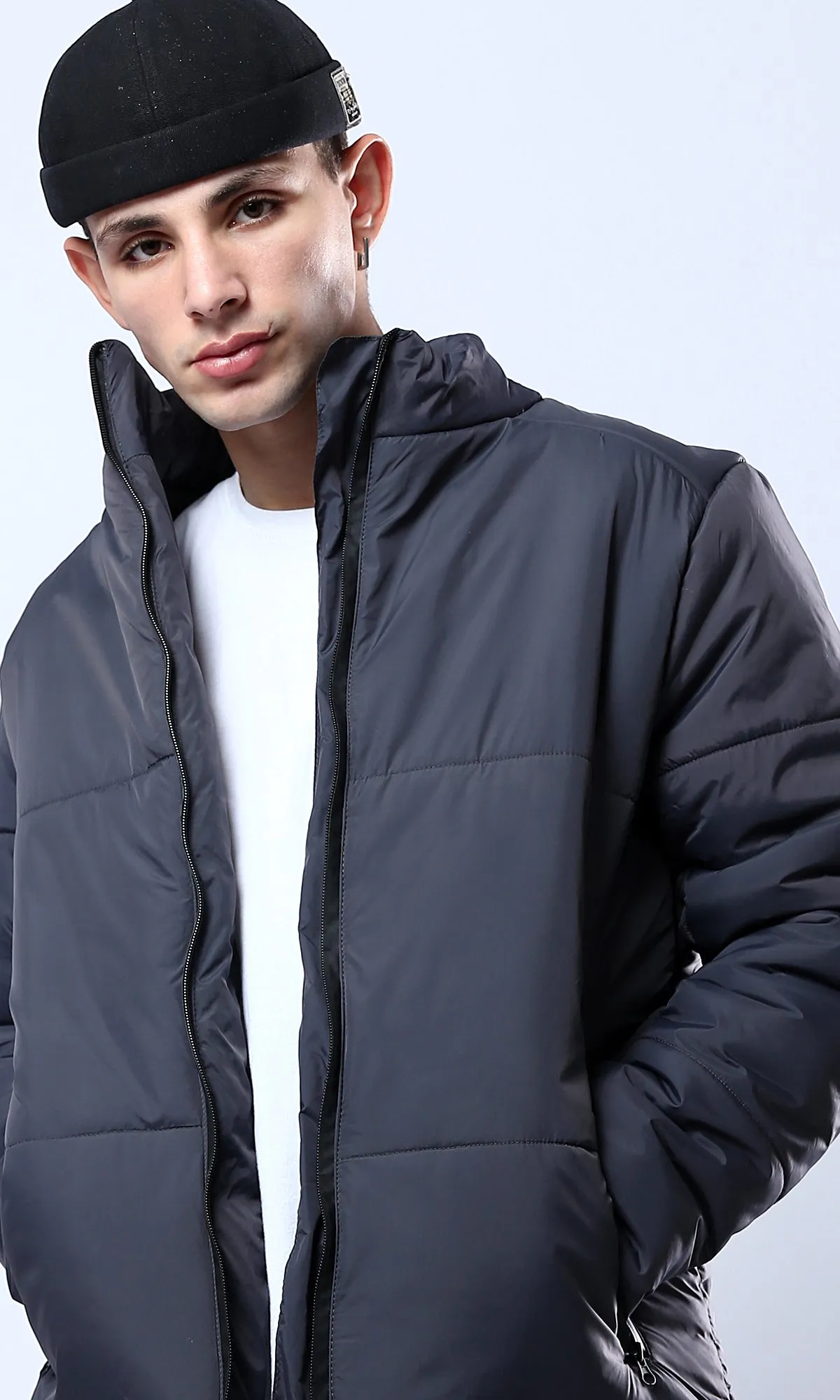 O180579 Full Zipper Dark Grey Coziness Puffer Jacket