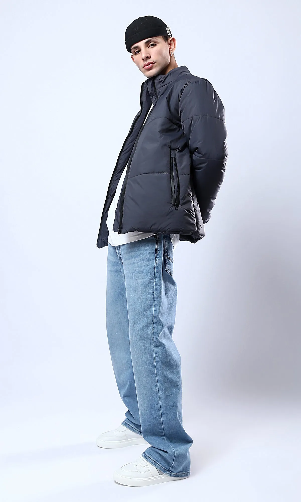 O180579 Full Zipper Dark Grey Coziness Puffer Jacket