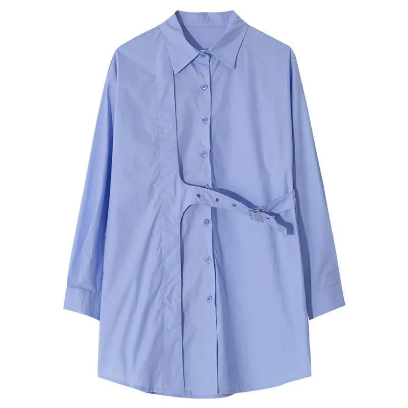 Oversize Women Tunic Shirt Turn-Down Collar Full Sleeve Solid Long Ladies Shirts Chic Button Female Tops