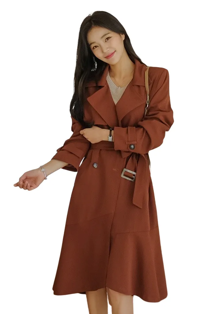 Pink Brown Sheer Flared Classic Double Breasted Trench Coats Belted For Womens Long Outerwear Spring Autumn Korean Drama Fashion