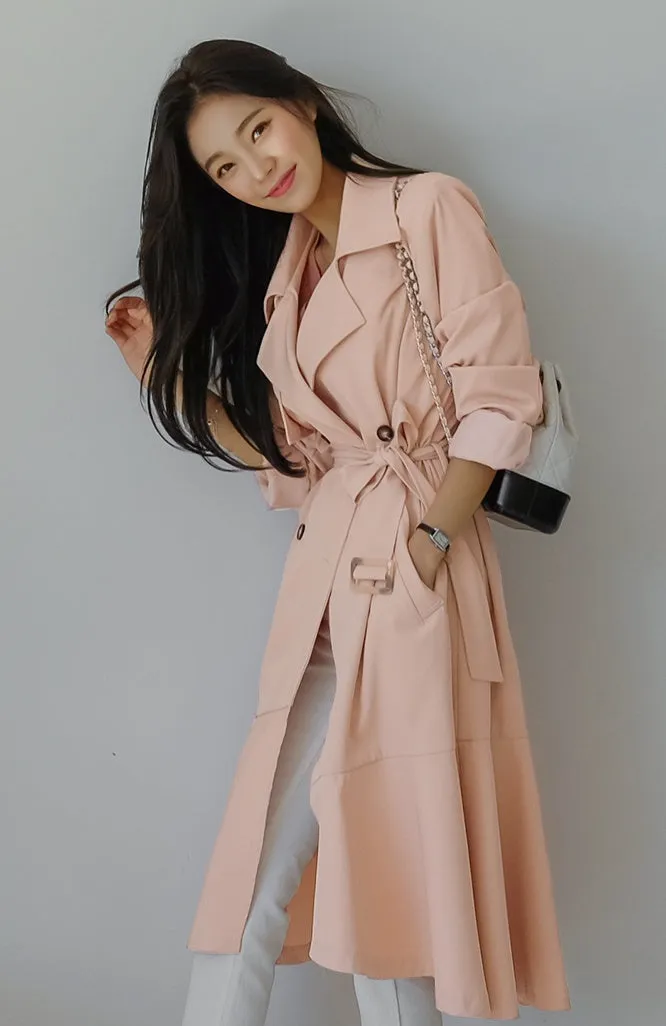 Pink Brown Sheer Flared Classic Double Breasted Trench Coats Belted For Womens Long Outerwear Spring Autumn Korean Drama Fashion