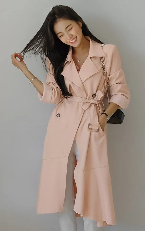 Pink Brown Sheer Flared Classic Double Breasted Trench Coats Belted For Womens Long Outerwear Spring Autumn Korean Drama Fashion