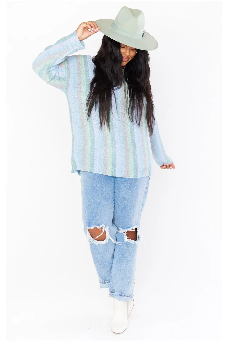 SHOW ME YOUR MUMU TRUE BLUE ATLAS SWEATER in the style of Vanessa Hudgens