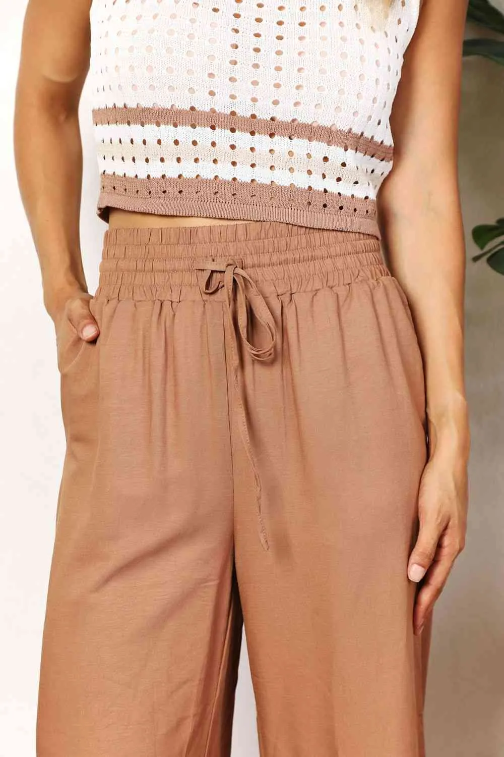 Smocked Drawstring Elastic High Waist Wide Leg Pants (Camel/Black)