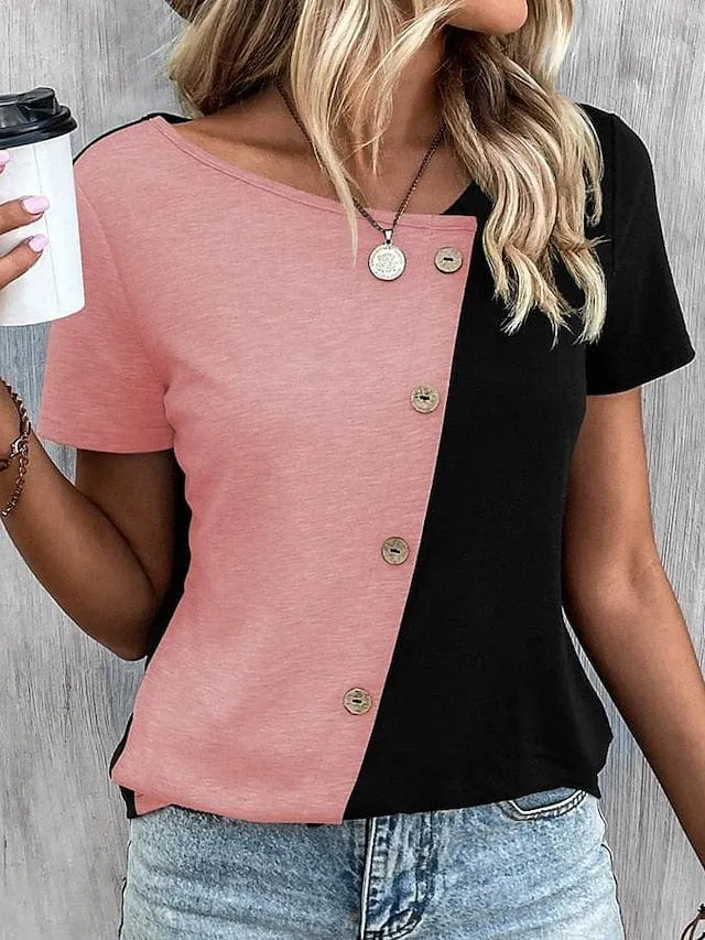 T shirt Tee White Pink Khaki Color Block Button Short Sleeve Daily Weekend Basic V Neck Regular S for Women