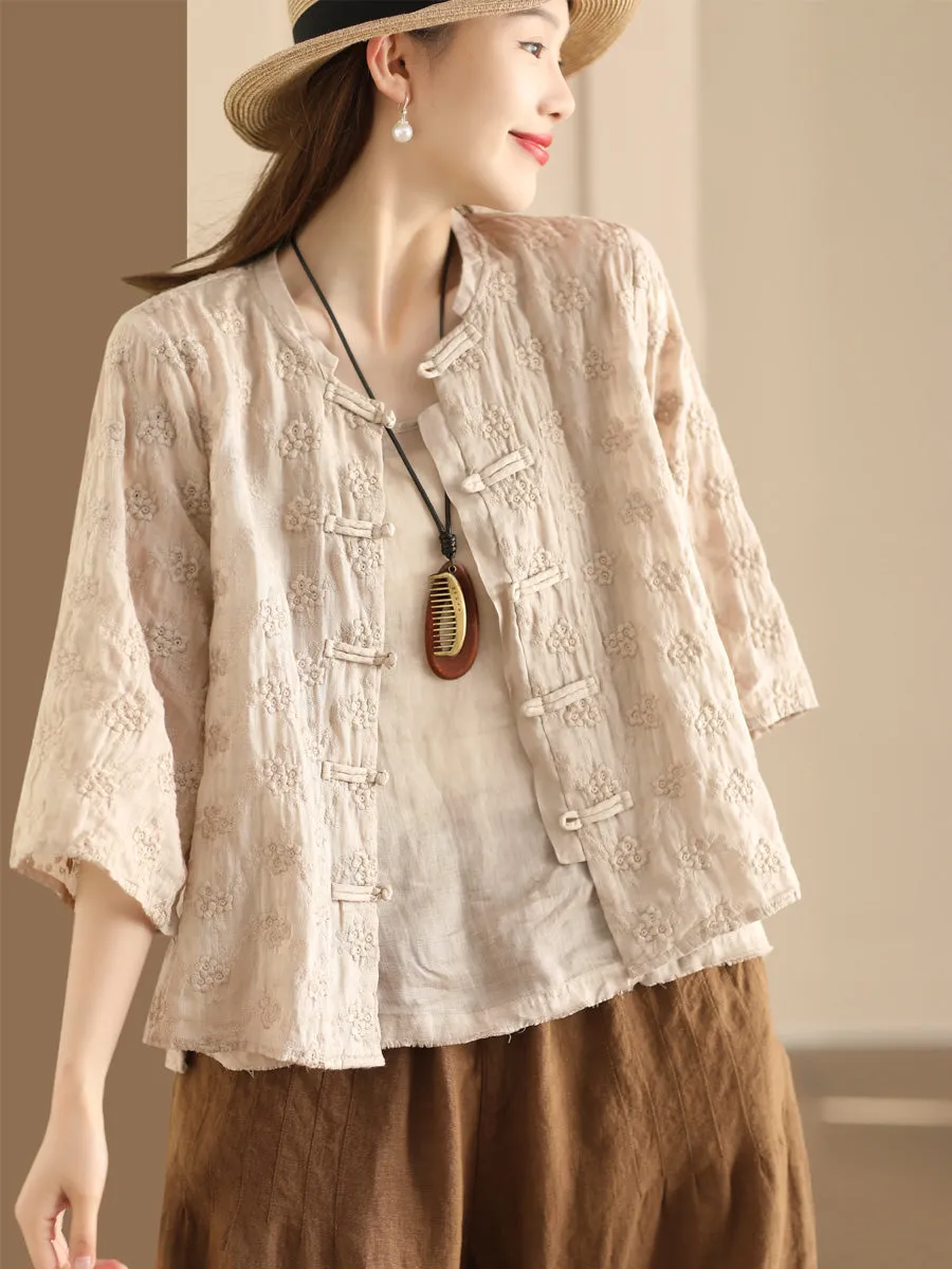 Women Ethnic Flower Jacquard Button-up Ramie Blouse SC1023