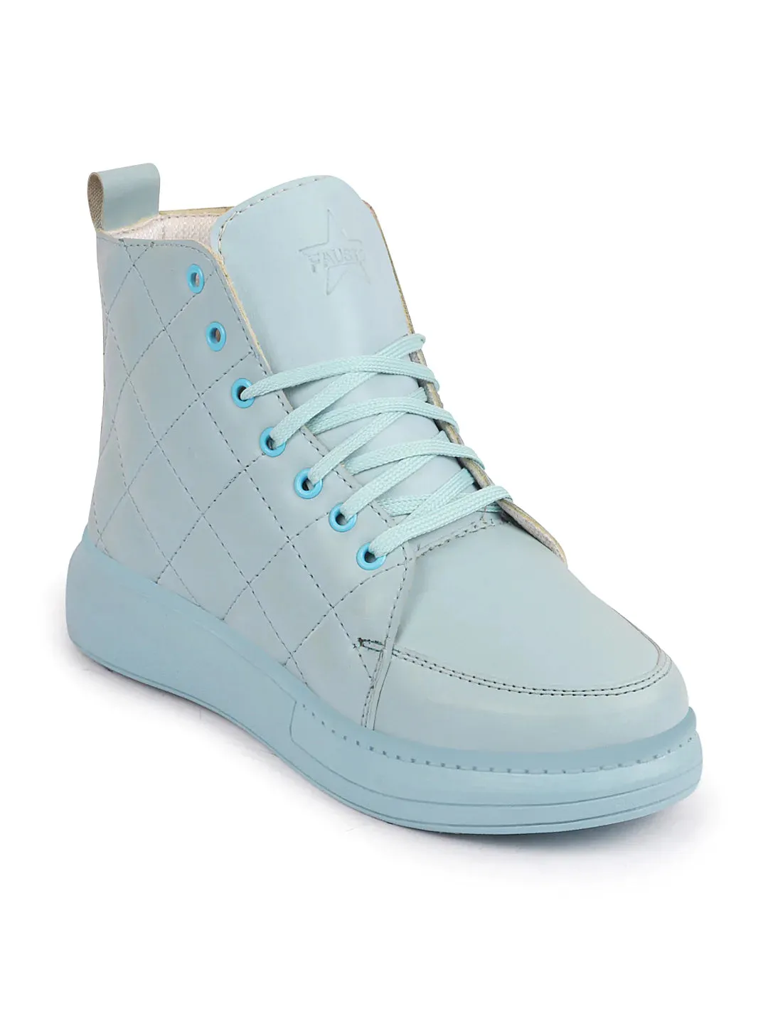 Women Sky Blue High Ankle Top Wedge Heels Stitched Design Lace Up Sneakers Shoes