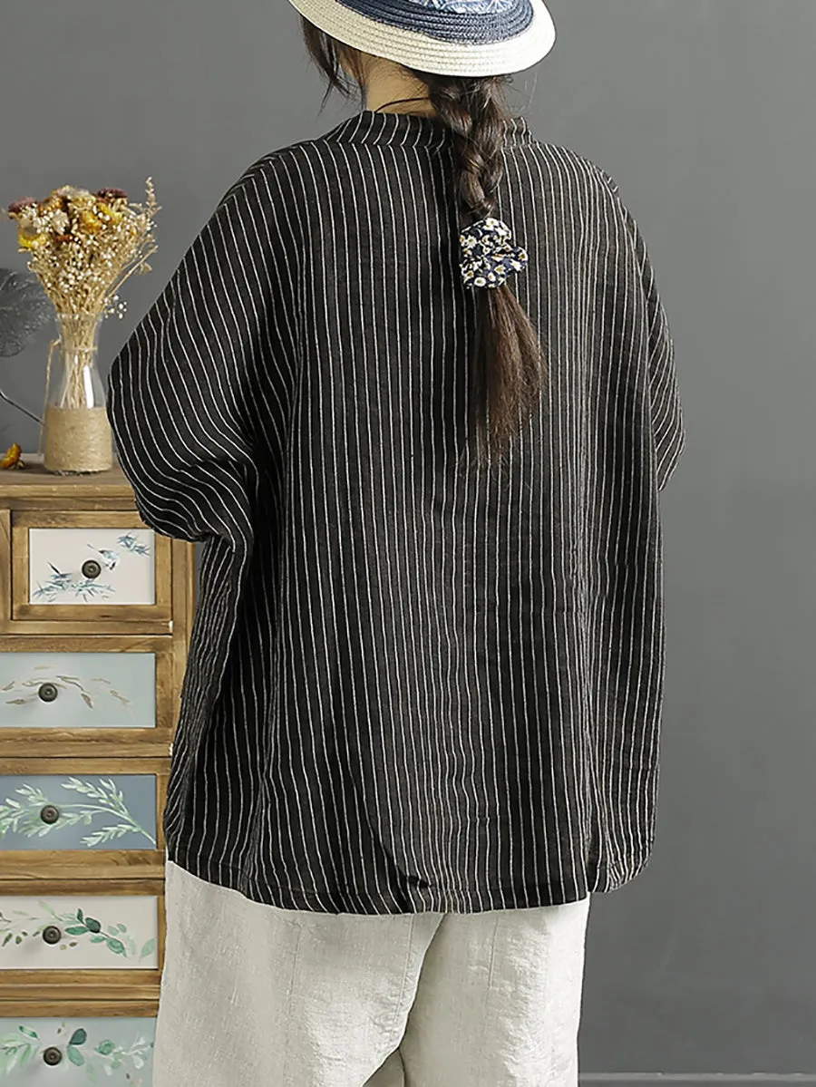 Women Spring Ethnic Stripe Loose Linen Shirt