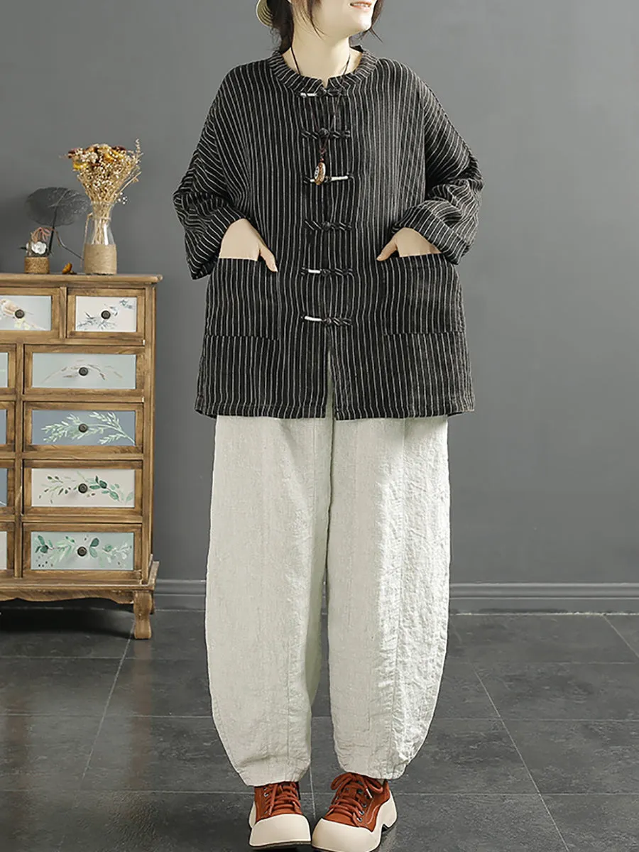 Women Spring Ethnic Stripe Loose Linen Shirt