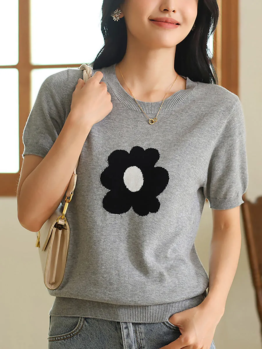 Women Summer Casual Flower Knitted Shirt KL1038