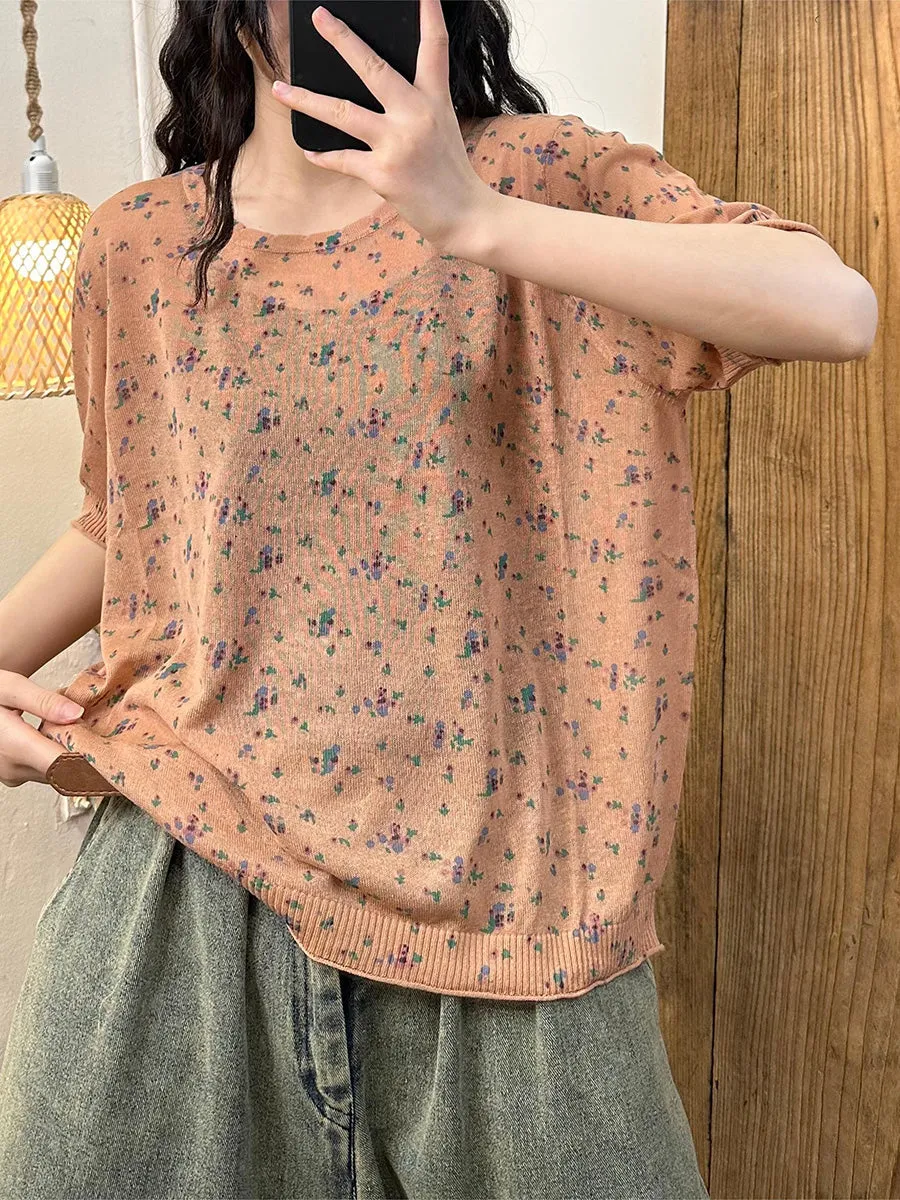 Women Summer Floral Knitted Thin Linen Shirt KL1006