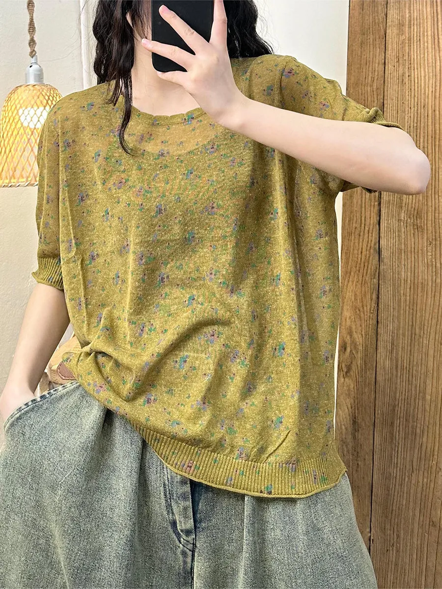 Women Summer Floral Knitted Thin Linen Shirt KL1006