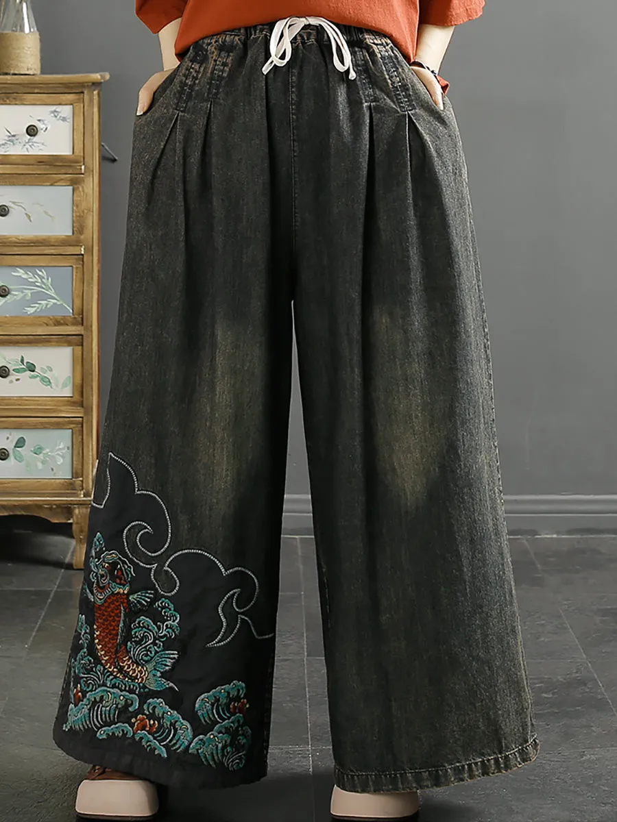 Women Summer Vintage Koi Embroidery Wide-leg Denim Pants CO1049